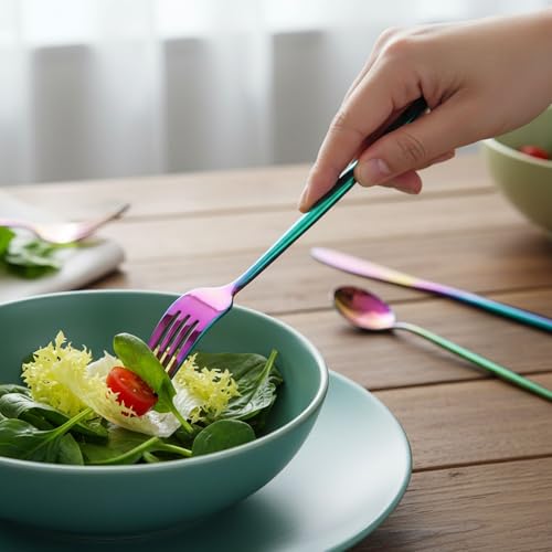 Image of Slim Handle Rainbow 5 Pcs Stainless Steel Cutlery Set for Dining Table, Dishwasher Safe Glossy Flatware (1 Spoon Set+1 Forks Set+1 Butter Knife+1 Dessert Spoon+ 1 Fruit Fork)