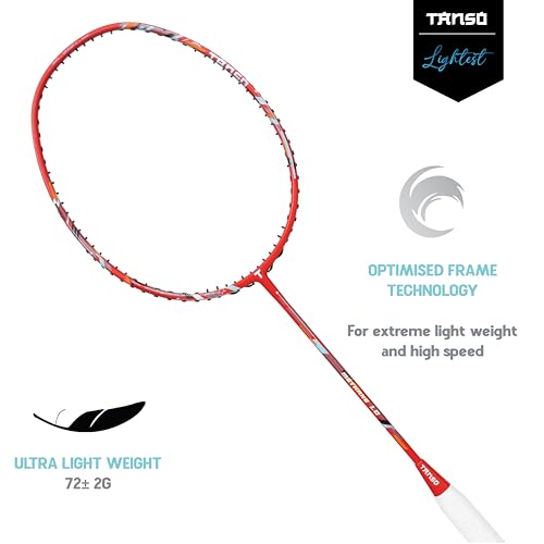 Image of TANSO Methane 1.0 Full Graphite Ultra Light Weight Carbon Fibre Strung Badminton Racket with Free Full Racquet Cover (72 Grams, 32 Lbs Tension, Strung with Premium Strings) (Red)