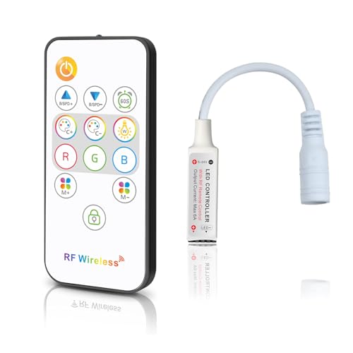 Taikuwu Contrôleur RF LED RGB avec Télécommande Sans Fil - 13 Touches, Gradateur DC 5V-24V 6A, Design Ultra-Fin, Compatible avec Bandes LED 5050/3528/5630 (Connecteur...