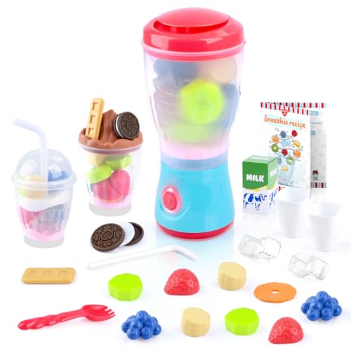 PLAY Smoothie Mixer für Kinder Kinderküche Zubehör Set mit Mixer Lebensmittel Spielzeug Realistische Bewegungen Lichter & Geräusche Spielküche Zubehör Set für Kinder 3+