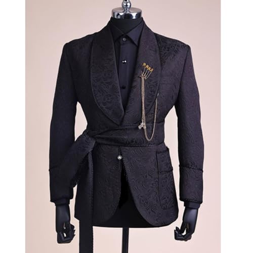 Premium Paisley Black Floral Slim Fit Tuxedo Prom Wedding Groom Suits Blazers Jacket Coat with Belt2