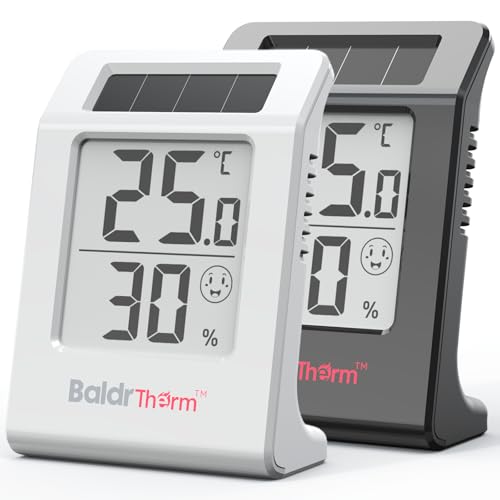 BaldrTherm Indoor Thermometer Humidity Meter, 2 Pack Solar-Powered Room Thermometer Digital Temperature Sensor Monitor, 2.2''Humidity Gauge for Baby Rooms, Home, Office, White&Black