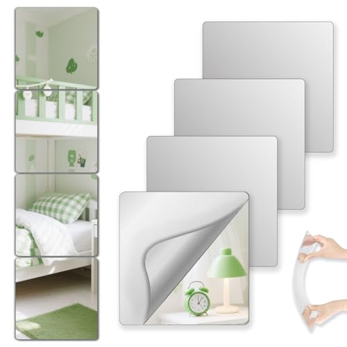 VXKZF Shatterproof Peel and Stick on Mirror Tiles for Wall Decorative, 4 pcs 8”x8” Unbreakable Small Mirrors for Wall Classroom Decor, Toddlers Mirror for Kids Bedroom, Plastic Door Adhesive Mirrors
