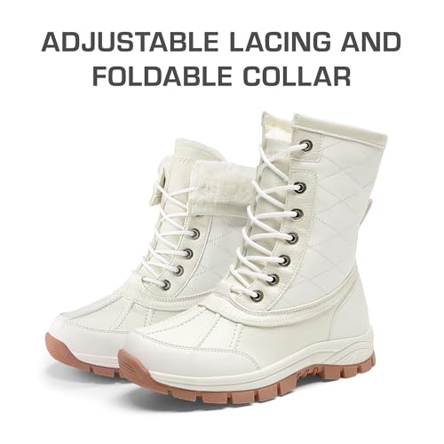 DREAM PAIRS Snow Boots for Women Waterproof Mid Calf Lace Up Duck Boots Warm Faux Fur FuzzyGo Bold Winter Boots for Outdoor,Size 8.5,Beige,SDSB2401W
