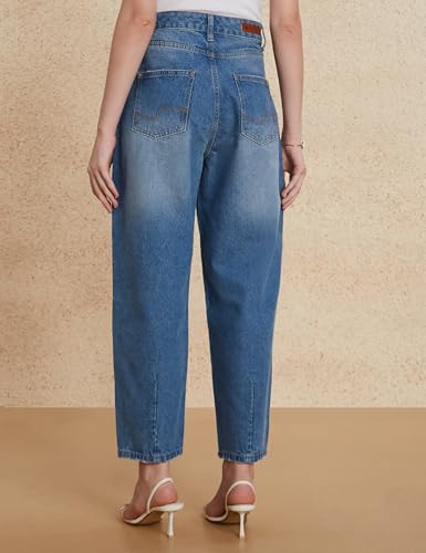Image of Amazon Brand - Symbol Women's Barrel Fit Denim Jeans | Tapered Balloon | High Rise | Ankle Length (Available in Plus Sizes)