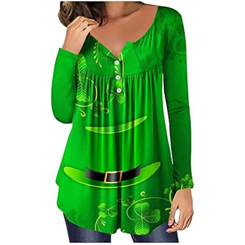 KUIH 2023 St Patricks Day T Shirt Womens Tunic Tops Going Out Sweatshirts Long Sleeve V Neck St. Patrick's Day Tops and Fancy Dress Green Clover Shamrock Irish Graphic Tees Ladies Blouse Pullover Cover