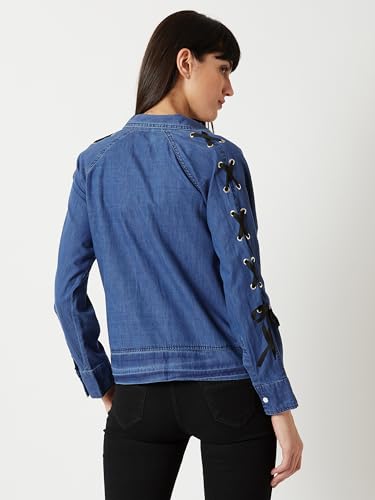 Image of Miss Chase Women's Polo Neck Full Sleeves Patch Pocket Denim Overcoat Knee-Length Jacket