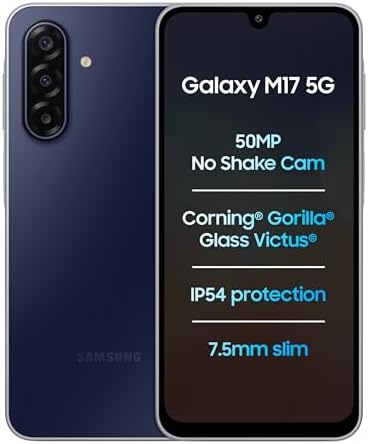 Samsung Galaxy M17 5G (Sapphire Black, 4GB RAM, 128GB Storage)| 50MP OIS Triple Camera| Gorilla Glass Victus| IP54 Rating| 6 Gen of OS Upgrades| AI| Circle to Search| Gemini Live| Without Charger