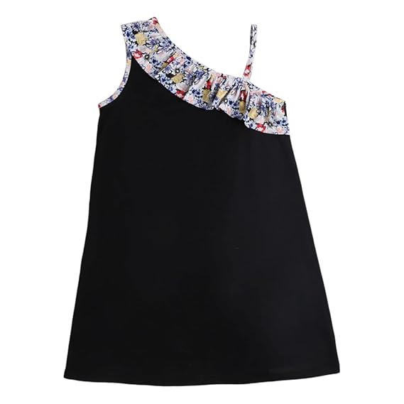 Hopscotch Baby Girls Cotton Dress with Floral Frill in Black Color