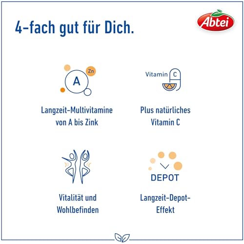 Abtei A-Z Komplett Langzeit-Multivitamine - mit natürlichem Vitamin C - Nahrungsergänzungsmittel für Vitalität und Wohlbefinden - laborgeprüft, hochdosiert und vegetarisch - 1 x 40 Tabletten