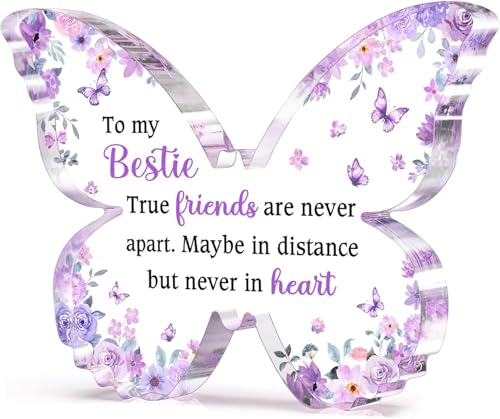 Image of Gifzy Bestie Best Friend Friendship Gifts for Women, Unique Purple Butterfly Acrylic Plaque Desk Decor, Bestie Best Friend Birthday Gifts for Women Friendship for Bff Bestfriend, 5 x 5 x 0.5 inches