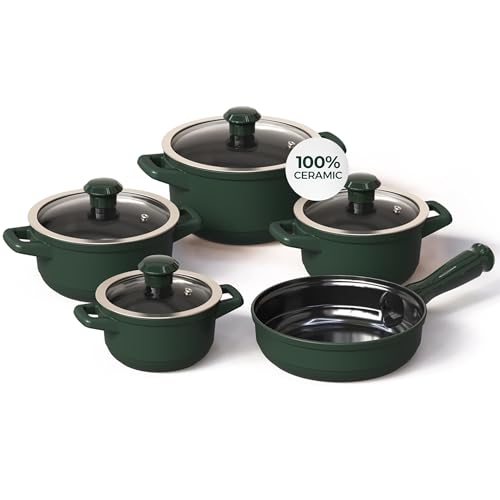 Ceraflame - 9 Piece Cookware Set with Glass Lid - Matte Rosemary - Non-toxic Cookware, Casserole and Frying Pan Set for Healthy Cooking, Dishwasher Safe