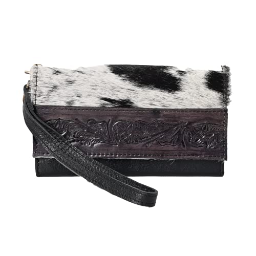 Handtooled Genuine Cowhide Leather Clutch Wallet for Women - Western Tooled Design, Multiple Card Slots, Bifold Wristlet, Black & White Hair-On Hide, Gifts for Women