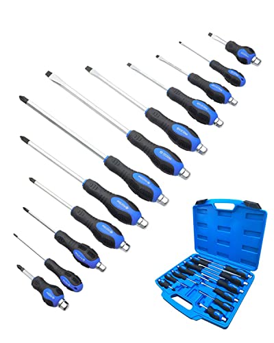 ROTATION Magnetic Screwdriver Set 12 PCS with Black tips, 6 Phillips and 6 Flat Head Screwdrivers, with Go-Thru Steel Blades, High Torque for Fastening and Loosening (Black Tip_Matt Blade)