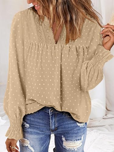 BETTE BOUTIK Women Boho Long Sleeve Shirts Dressy Casual V Neck Fall Fashion Tops Swiss Dot Flowy Blouses