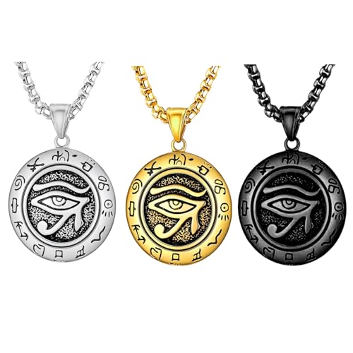 3Pack Set Eye of Horus Pendant Chain Necklace for Men Women,Stainless Steel Ancient Egyptian Men Necklaces,Titanium Steel Black Gold Silver Egyptian Eye of Ra Horus Pendant Charm Protection Amulet Necklace Jewelry for Men Women