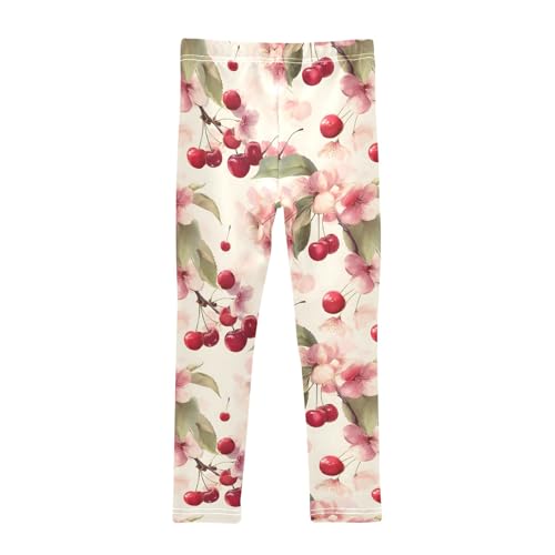 Girls' Athletic Leggings Ankle Length Yoga Dance Pants Kids Teen 4T Cherry Flower2