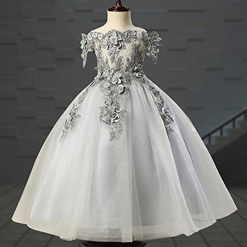 Flower Girl Dress Embroidery Lace Applique Beaded Off Shoulder Long Pageant Formal Wedding Party Dresses for Kids Baby Bridesmaid Birthday Communion Floor Length Tulle Ball Gowns Gray 9-10 Years3