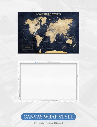 Image of IPIC - World Map Canvas Painting for Wall Decor, Pinnable World Map to Mark Travels, World Travel Map Print for Home, Office, Study, and RV, Ready to Hang