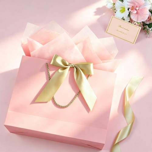Image of JMANNI Gift Bags with Handles, 13 inch Medium Mothers Day Gift Bag for Presents, 2 Pcs Bags with 4 Tissue Paper and 2 Cards for Baby Shower Wedding Bridal Shower Mother's Day Birthday Party (Pink)
