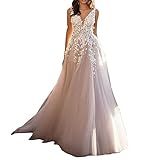 100% Polyester JTBDWOSK Damen V-Ausschnitt Hochzeitskleider Lang Ärmel Spitze Chiffon Boho Elegant Spitze Brautmode Rückenfrei Brautkleider Standesamt,Weiß,S