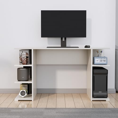 Image of Bniture Wooden Study Table for Home | Engineered Wood Study Table with Side Shelf Storage | Multi Purpose Computer Desk for Writing & Study | Laptop Table for Study Room & Workstation | Frosty White