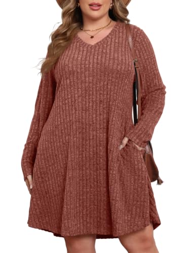BELAROI Plus Size Sweater Dress Curvy Women Fall Dresses Winter V Neck Long Sleeve Pockets Tshirt Dress Loose Fit (4X, V2-Caramel)