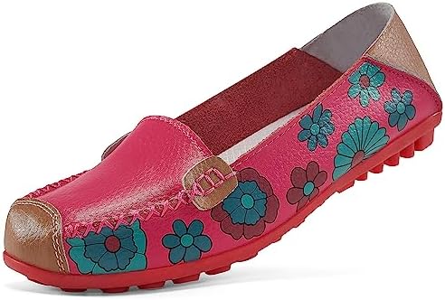 Ablanczoom Womens Comfortable Loafers Floral Print Flats Casual Driving Loafer Slip on Walking Dress Shoes for Women Rose Red