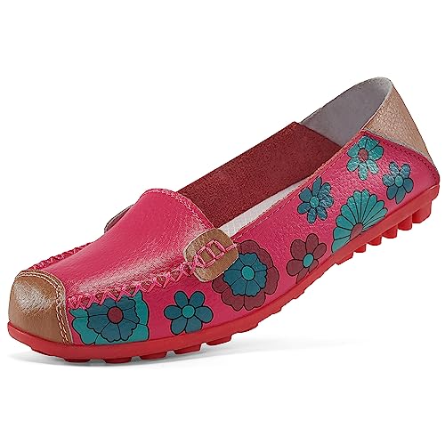 Ablanczoom Womens Comfortable Loafers Floral Print Flats Casual Driving Loafer Slip On Walking Dress Shoes For Women Rose Red #TOP3