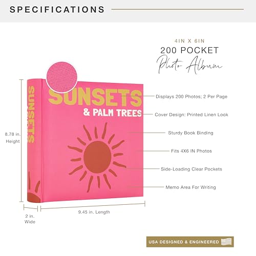 Image of MCS Sunset and Palm Trees Pink Photo Album Holds 200 4x6 Photos with Memo Space, Clear Side-Loading Pockets - Scrapbook Style Keepsake for Vacations & More - A Thoughtful Gift
