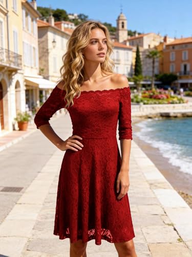 Image of Atnlewhi Womens Vintage Lace Floral Off Shoulder Elegant Swing Dresses A-line Mini Dress for Party Cocktail Wedding