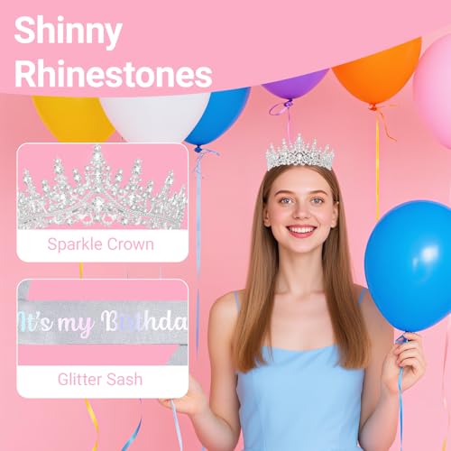 Birthday Tiara and Crown with Sash, Birthday Tiara for Women Birthday Party (Silver)