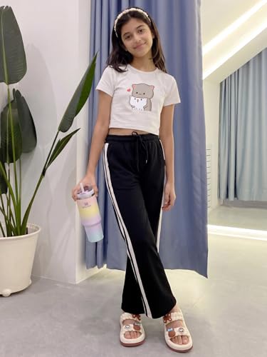 Image of Li'l Tomatoes Girls Cotton Track Pants | Soft & Comfortable Casual Summer Lower for Girls | Elastic Waist with Drawstring Everyday Wear | Side Stripe Straight Fit Trackpant | 9-16 Years |