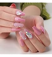 MqpQ Luxury Pink Press On Nails Rhinestones Medium Coffin Fake Nails Caviar Art 24pcs Glossy Full...