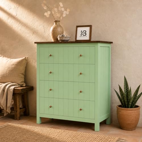 Image of Solid Wood Madrid Chest of Drawers | Drawer Chest with 4 Drawers | Wooden Drawer Storage Cabinet | Finish- Sage Green