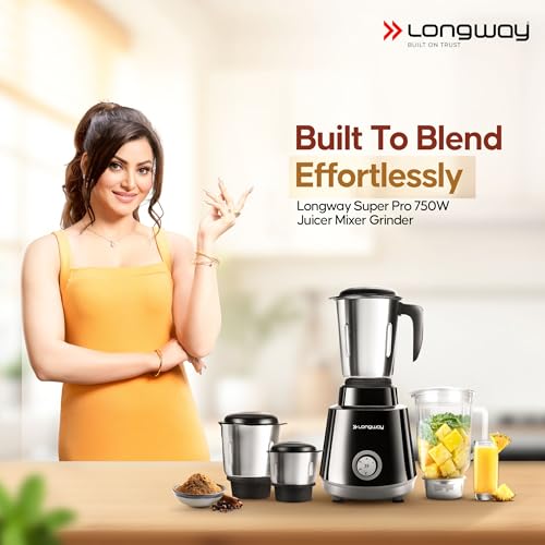 Longway Super Pro Juicer Mixer Grinder | Up to 750W Max Output Powerful Motor | 4 Jars for Grinding, Mixing, Juicing | 2 Year Warranty | Black & Gray view 2