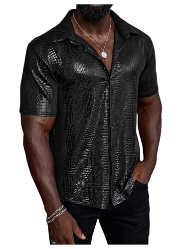 WDIRARA Men's 70s Disco Top Crocodile Pattern Button Down Shirt Short Sleeve Rave Party PU Leather T Shirt - Main Image