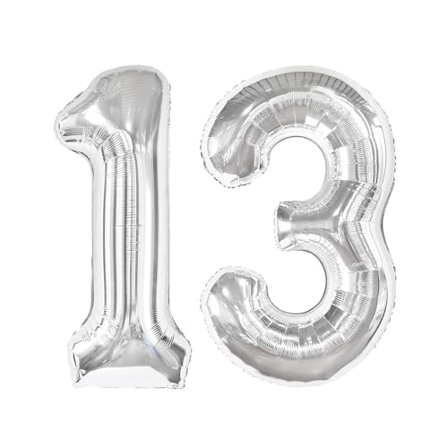 Image of Silver Number 13 Balloon 40 inch, 13 Number Balloons, 13th Silver Birthday Decorations, 13 Year Old Silver Party Supplies