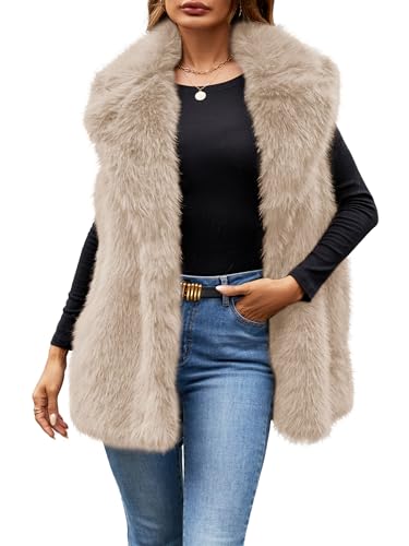 Simplee Women's Faux Fur Vest Coat Sleeveless Furry Jacket Warm Open Front Fur Vests Apricot M