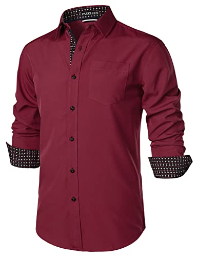 PARKLEES Herren Hipster Urban Design Regular Fit Langarm Casual Business Button Up Kleid Hemden mit Tasche, burgunderfarben, M
