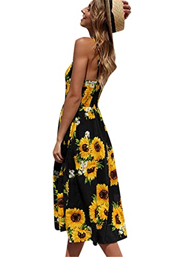 Image of YMING Womens Summer Spaghetti Strap Dresses Button Down Floral Sundress High Waist Swing Midi Dress with Pockets