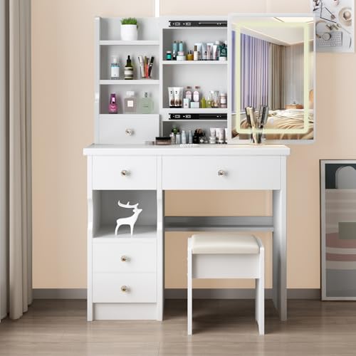 Zeaper Tocador con espejo y taburete, tocador con iluminación - 3 modos de color, 4 cajones y espacio de almacenamiento cerrado, moderno dormitorio, escritorio de maquillaje, color blanco