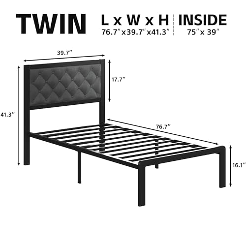 Twin Bed Frame with Headboard Linen Upholstered Bed Frame Platform,All Metal Slats Support Platform Bed Frame with Storage Space,Easy Assembly,Noise Free,No Box Spring Needed,Grey