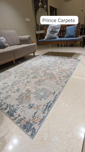 Image of 4x6 Feet (120x180 CM) Carpet for Living Room Hall & Bedroom - Ivory Multi Modern Abstract Geometric Silk-Touch Luxury Hotel-Style Washable Anti-Skid Turkish Area Rug