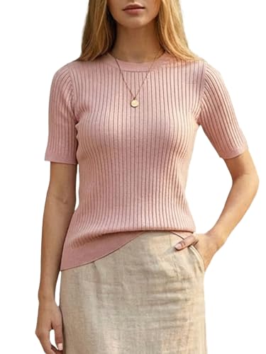 Image of Biffexu Womens Short Sleeve Tops Crew Neck Pullover Sweaters | Basic Clothes Business Outfits for Women