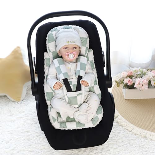 Image of DILIMI Infant Car Seat Insert, Baby Car Seat Head Support with 3 Strap Paddings, Soft Newborn Car Seat Cushion for Stroller, Swing, Bouncers, Green Checkered