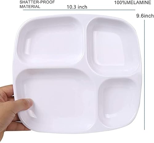 Homerefrom 8 Pcs -10.2”Meal Trays Melamine Compartment Dessert/Salad Plates, 4 Section Compartment Divided Plates, Melamine Platter,Salads, Noodles, Burgers,Safe For Dishwasher (White) #TOP1