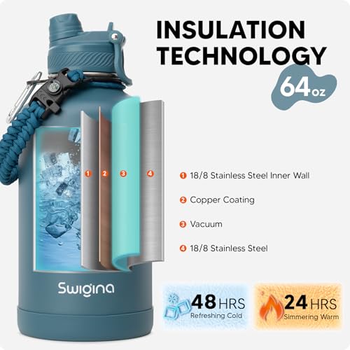 Image of Swigina 64 oz Insulated Water Bottle with Silicone Boot (48hrs Cold /24hrs Hot) - DIY Stickers, Leakproof, BPA Free, Half Gallon [2-IN-1 LID