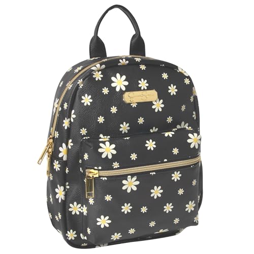 Jessica Simpson Mini sac à dos imperméable en cuir végétalien pour femme, voyage, travail, Black Daisies, Mini, Sac à dos décontracté