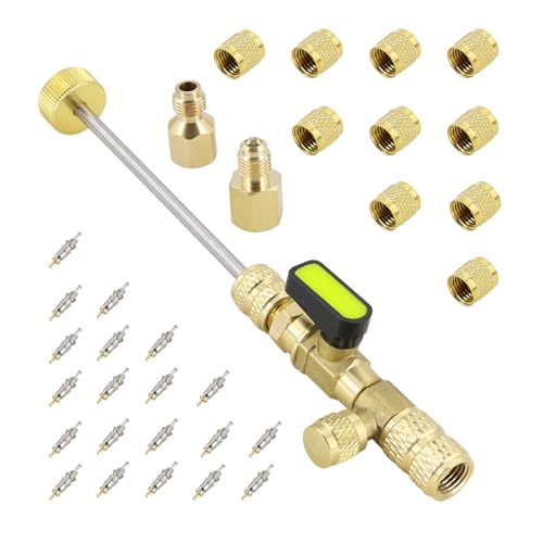 Image of Valve Core Remover Installer Tool with Dual Size SAE 1 /4 inch & 5 /16 inch Port Brass Adapter Compatible with R22 R12 R407 R410 R404 R32 R600 home refrigeration equipment